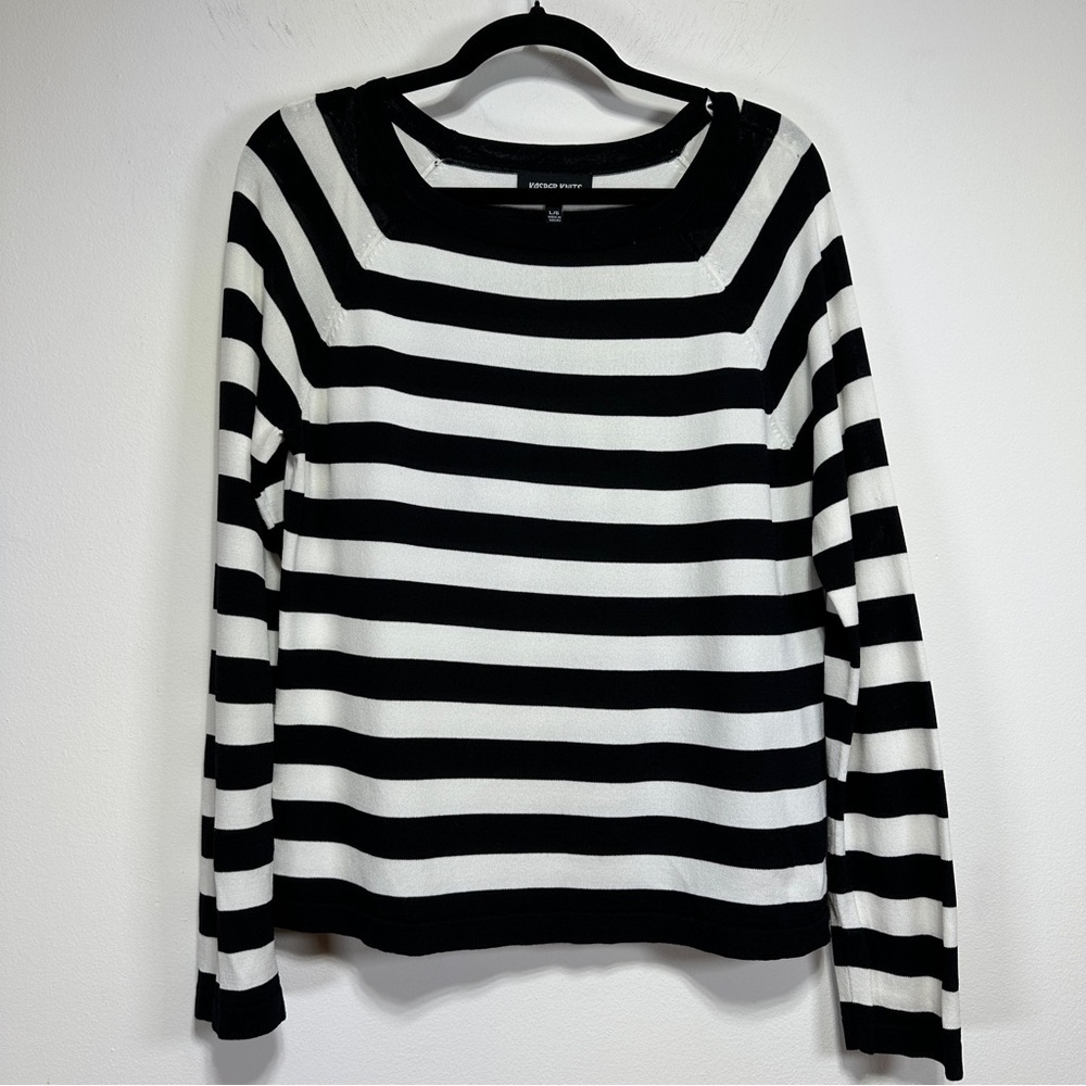 Kasper Striped Knit Sweater Black White Lightweight Top Size L Monochrome Casual